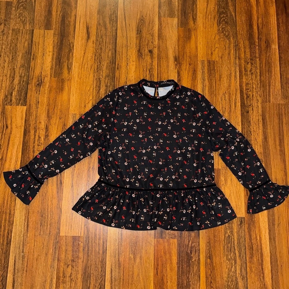 Haute Rogue Womens Black Floral Mock Neck Peplum Blouse Velvet Trim Large